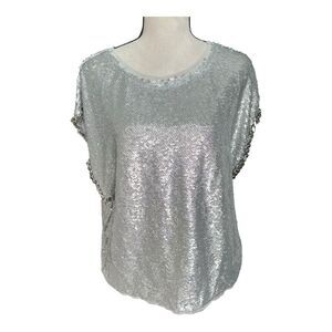 Vocal USA Silver Sequin Chain Sleeve Top Size M Short Dolman Party Blouse Y2K